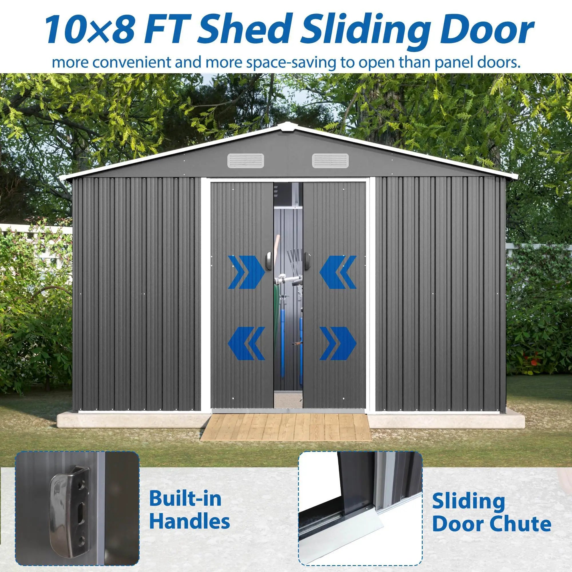 10X8 FT Outdoor Storage Shed, Metal Foundation &amp; Lockable Doors, Tool Shed For Garden, Patio, Backyard, Lawn, Grey