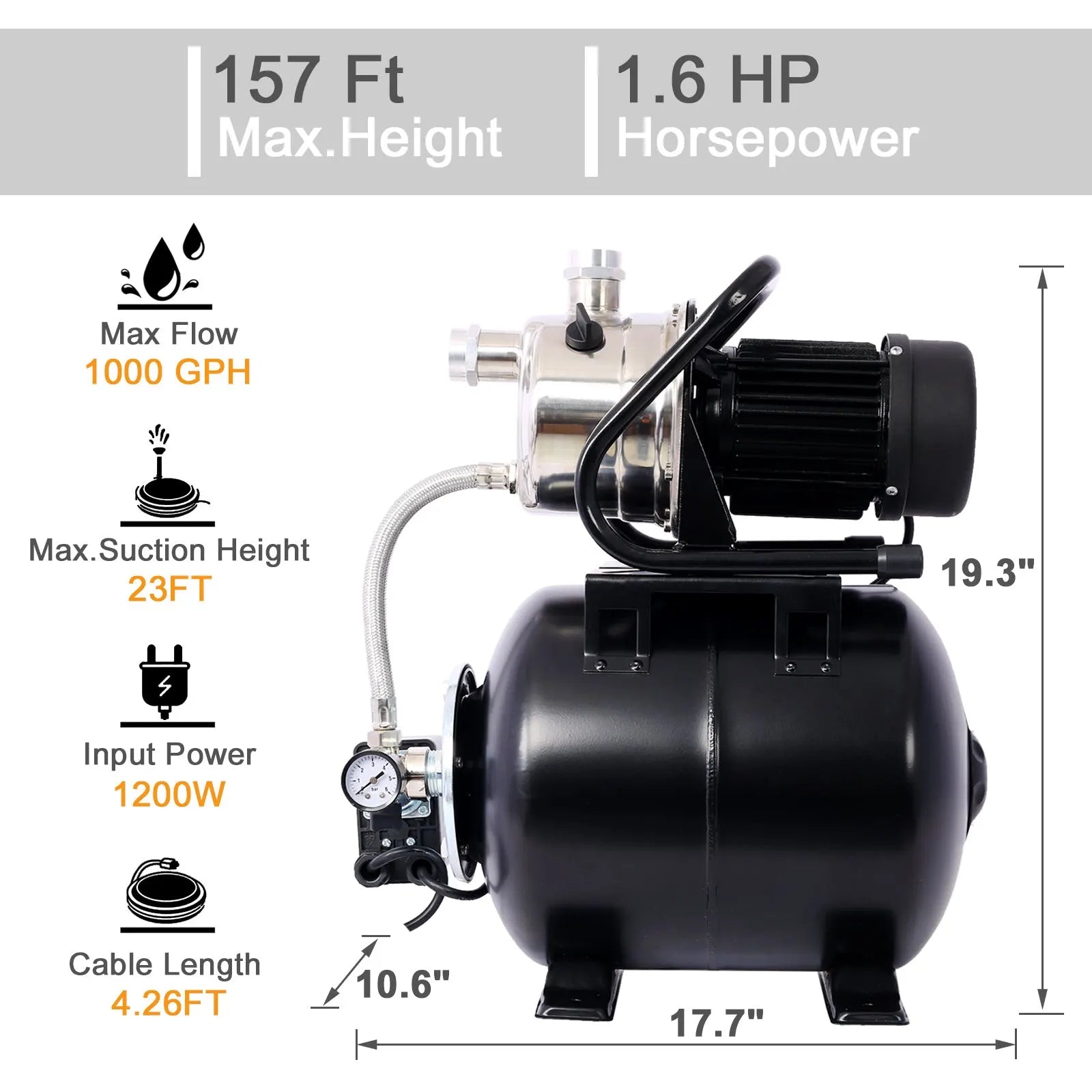 1.6HP Shallow Well Pump with 5-Gallon Pressure Tank – Automatic Water Booster, Garden &amp; Irrigation Pump