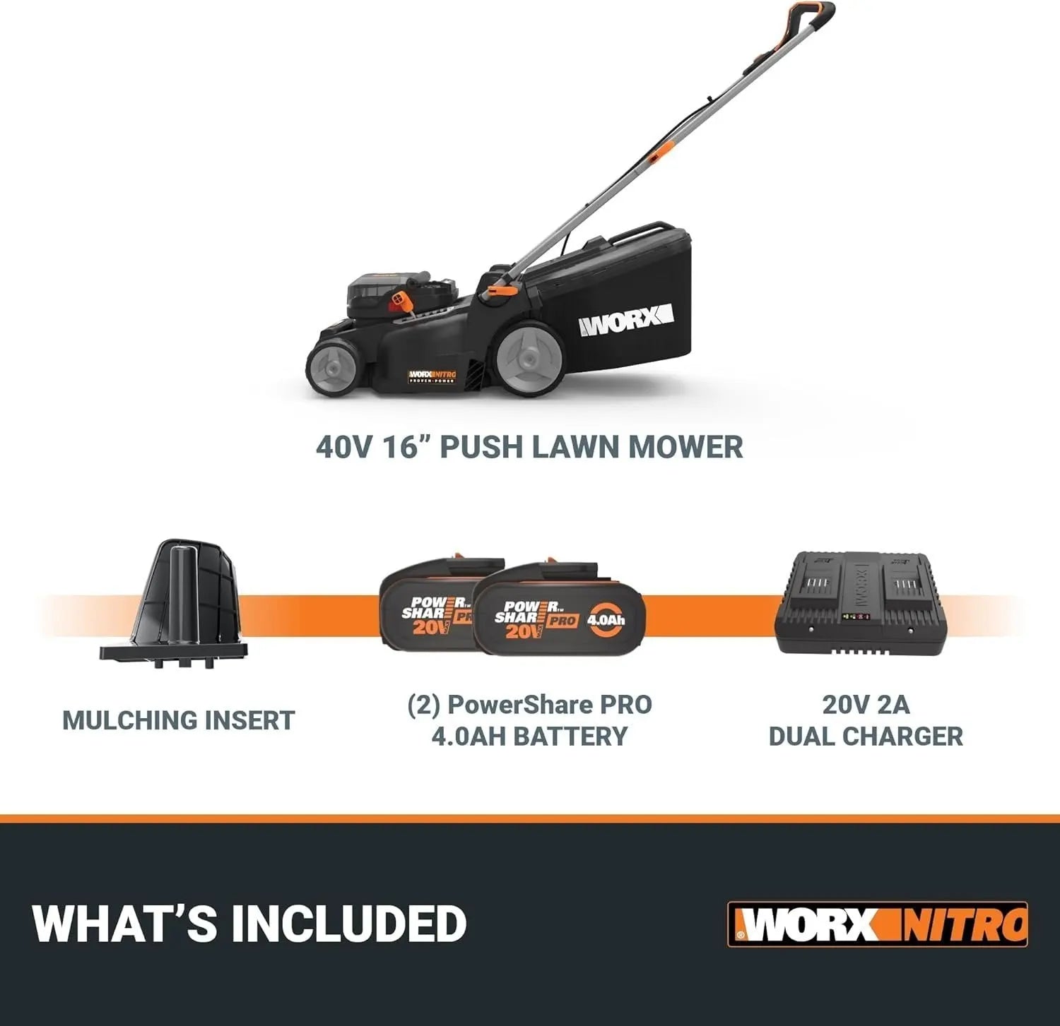 WORX Nitro 40V 16″ Cordless Lawn Mower w/Brushless Motor 2.0 &amp; Intellicut