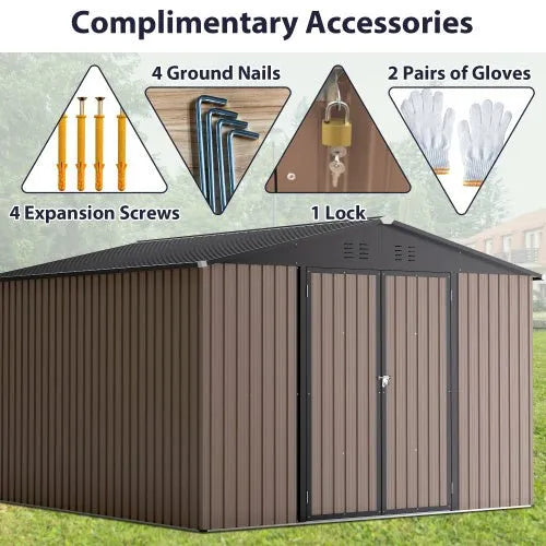 10′ X 10′ Metal Storage Shed For Ourdoor, Steel Yard Shed With Design Of Lockable Doors