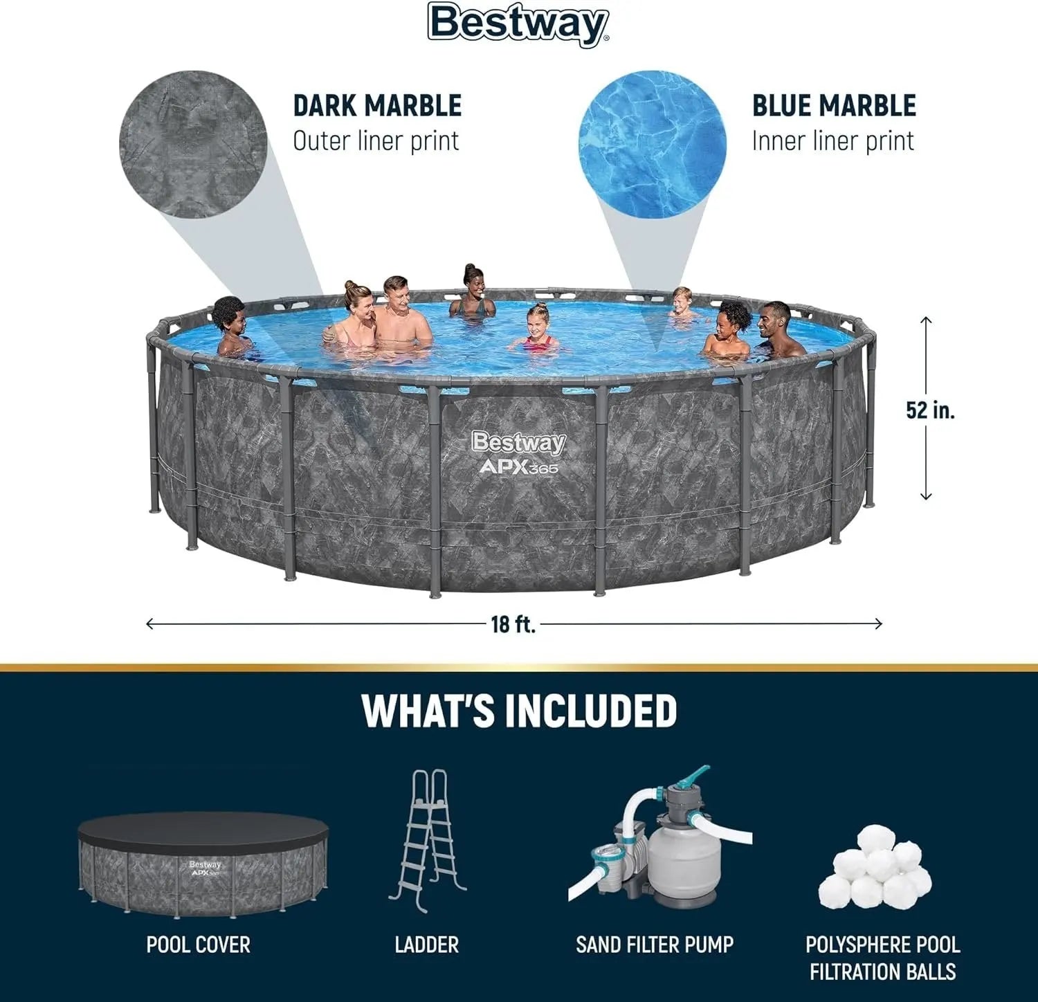 Bestway APX 365 18’x52″ Round Above Ground Swimming Pool Set with Pump &amp; Ladder