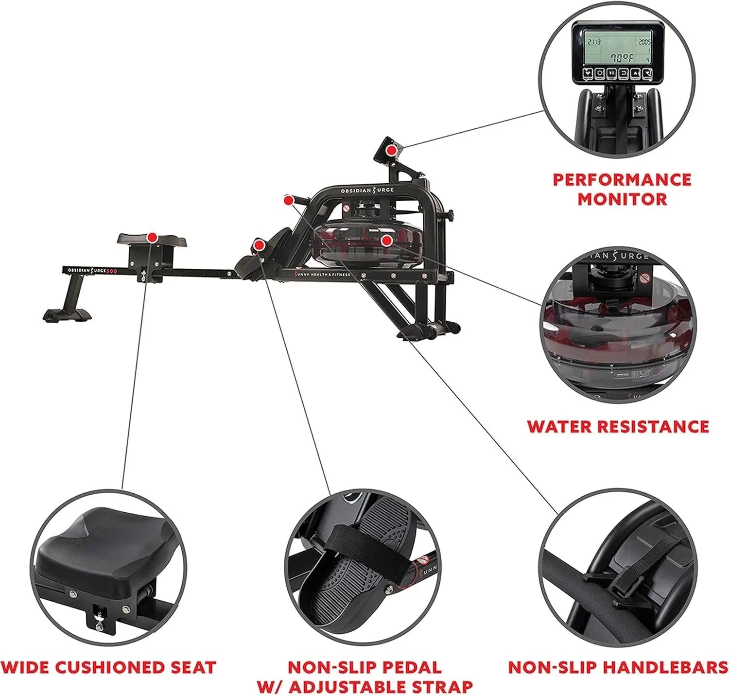 Sunny Health and Fitness Obsidian Surge Water Rowing Machine