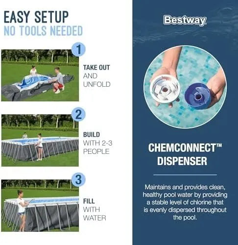 Bestway Power Steel 18′ x 9′ x 48″ Rectangular Metal Frame Above Ground Outdoor Swimming Pool Set with 1,500 GPH Filter Pump, Ladder, and Pool Cover