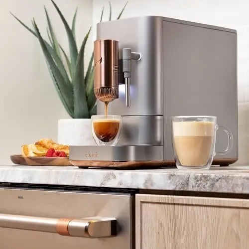 Café Affetto Automatic Espresso Machine + Milk Frother | Built-In &amp; Adjustable Espresso Bean Grinder | One-Touch Brew in 90 Seconds | Steel Silver, 1.2 Liter, (C7CEBBS2RS3)