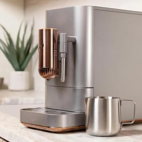 Café Affetto Automatic Espresso Machine + Milk Frother | Built-In &amp; Adjustable Espresso Bean Grinder | One-Touch Brew in 90 Seconds | Steel Silver, 1.2 Liter, (C7CEBBS2RS3)