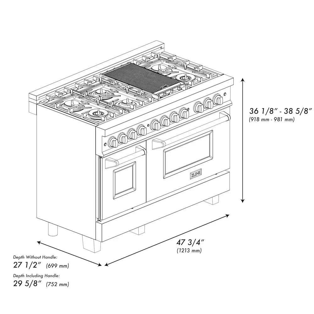 ZLINE Autograph Edition 48″ 6.0 cu. ft. Dual Fuel Range with Gas Stove and Electric Oven Stainless Steel Accents